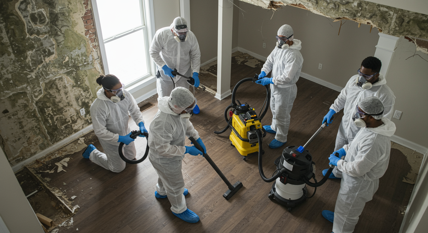A team of certified mold remediation experts working together to remove mold from a residential property, showcasing teamwork and professionalism.