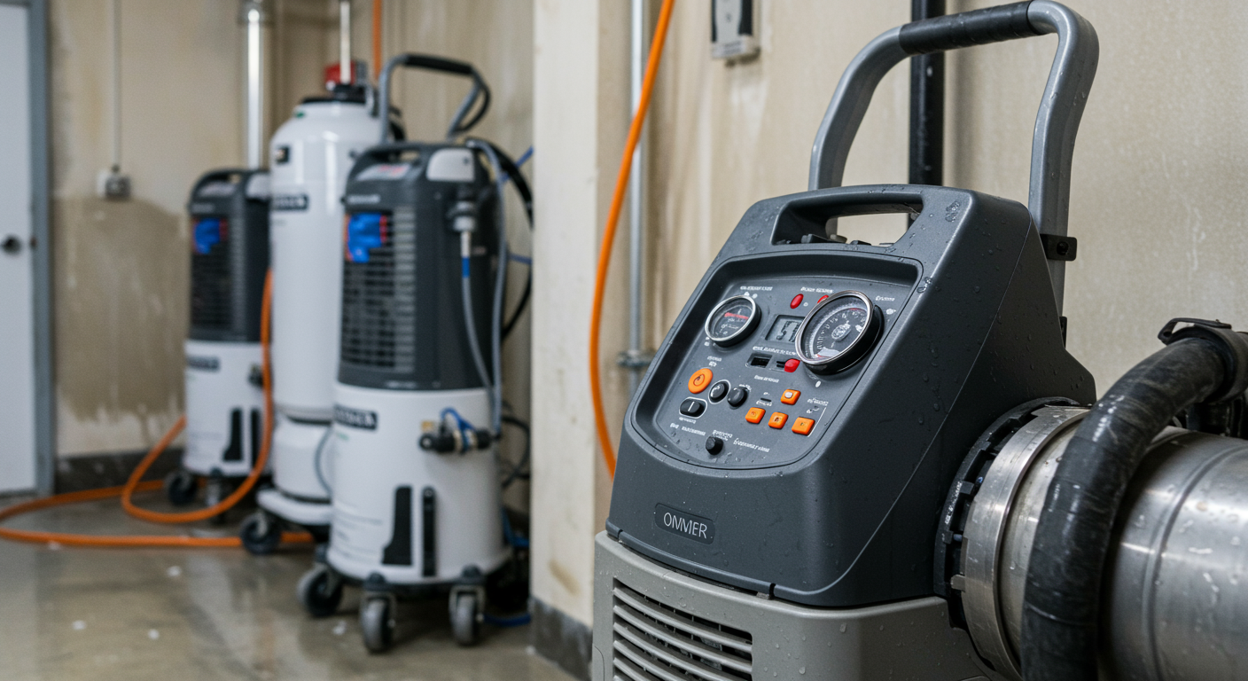 Close-up of high-tech water extraction and drying equipment in action. The image highlights tools like industrial-grade dehumidifiers, air movers, and moisture meters in a water-damaged space.