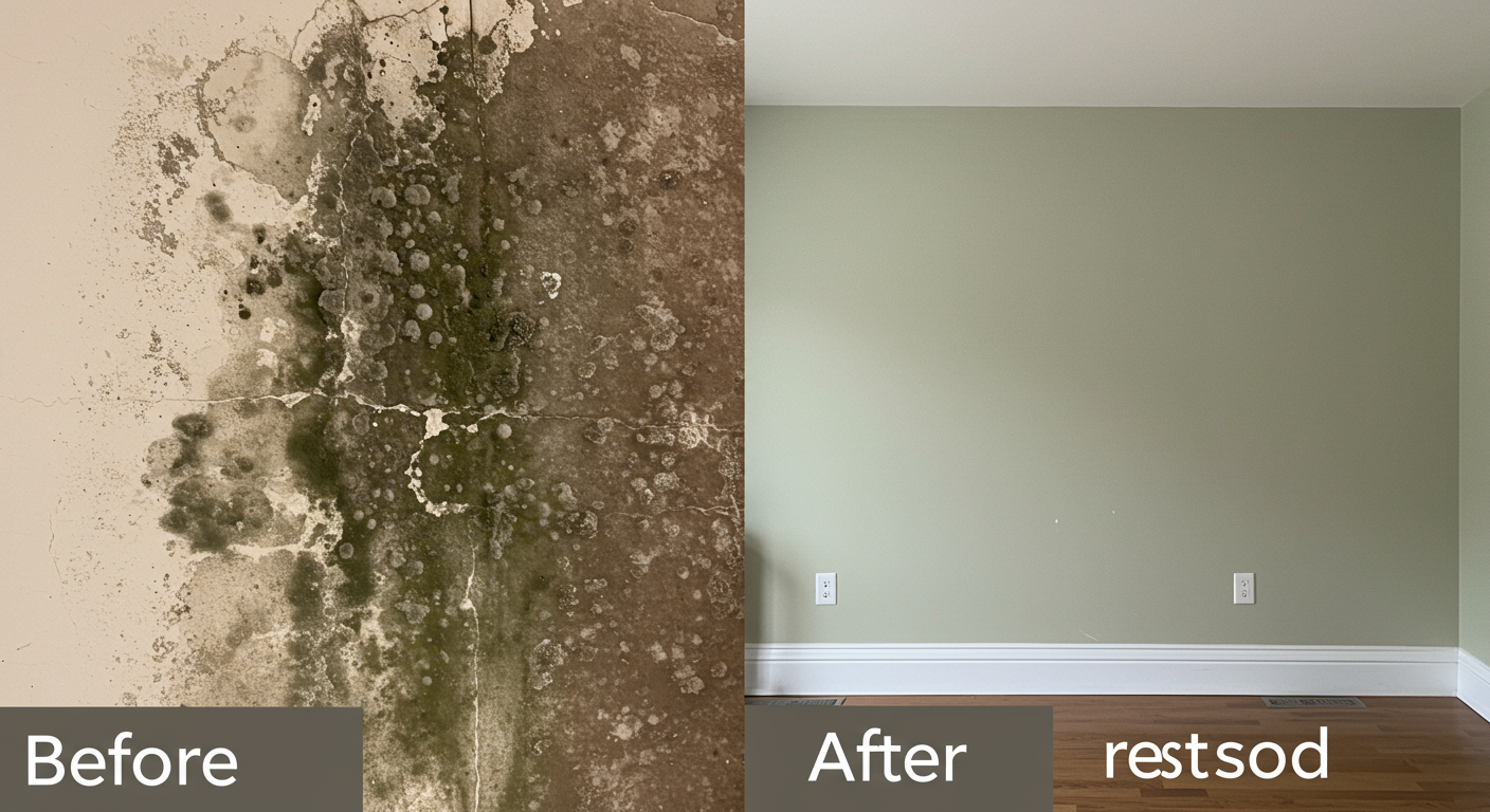 A split image showing a side-by-side comparison of a mold-infested wall before treatment and the same wall after professional mold mitigation, now clean and restored.