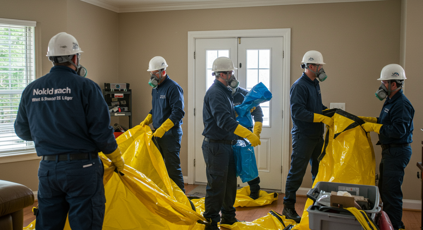A team of professionals in branded uniforms actively removing mold from a residential property. The scene includes visible safety measures, such as sealed containment areas and protective equipment, reinforcing trust and expertise.