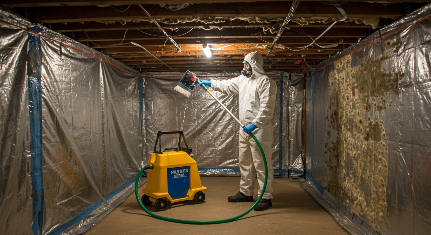 A professional technician treating mold in a crawl space with specialized equipment. The setting shows a partially encapsulated crawl space with visible mold patches being removed.