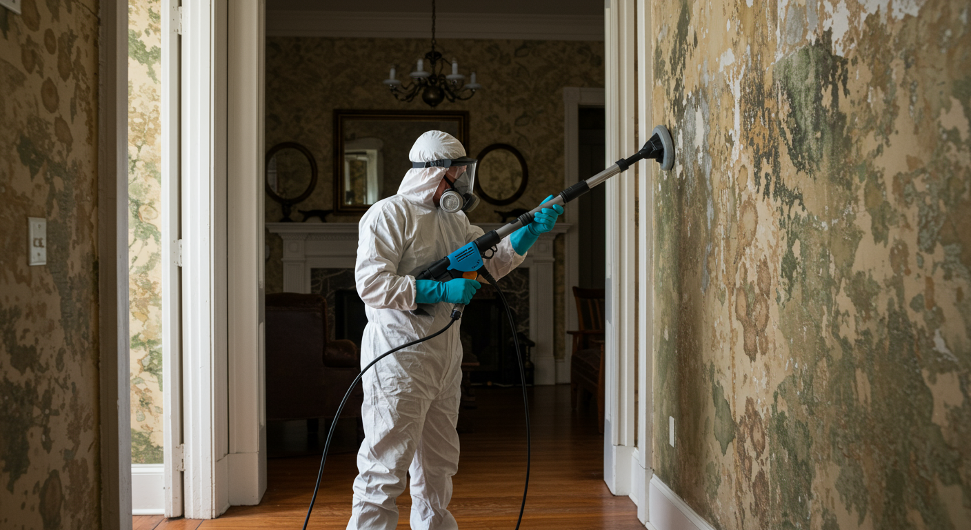 A professional mold removal technician in protective gear using advanced equipment to clean mold from a residential wall. The background shows a typical New Orleans-style home interior with wooden floors and vintage decor.