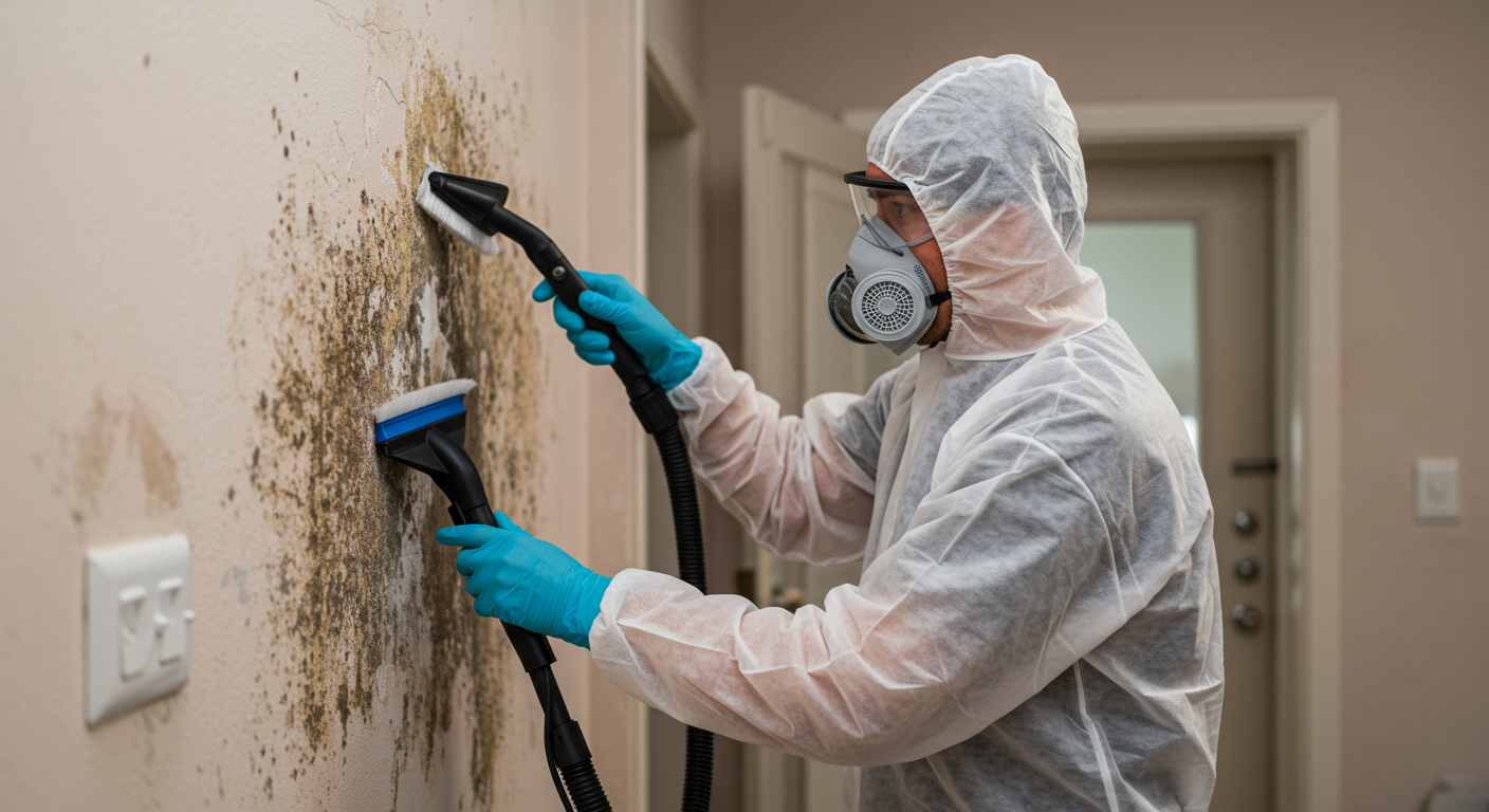 A professional technician wearing protective gear actively removing mold from a wall in a residential home.