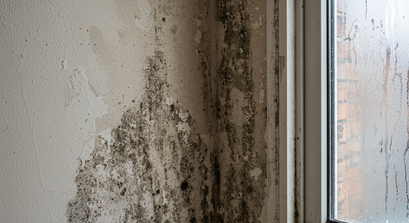 Close-up of a damp, moldy corner of a room with visible black mold spots and peeling paint. The background includes a window with condensation to indicate moisture issues.