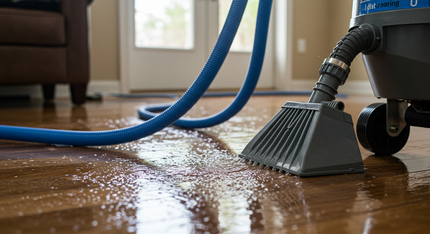 A close-up of industrial-grade water extraction equipment in action, with water being suctioned off a hardwood floor. The background shows a partially flooded room, with the focus on the equipment and its efficiency.
