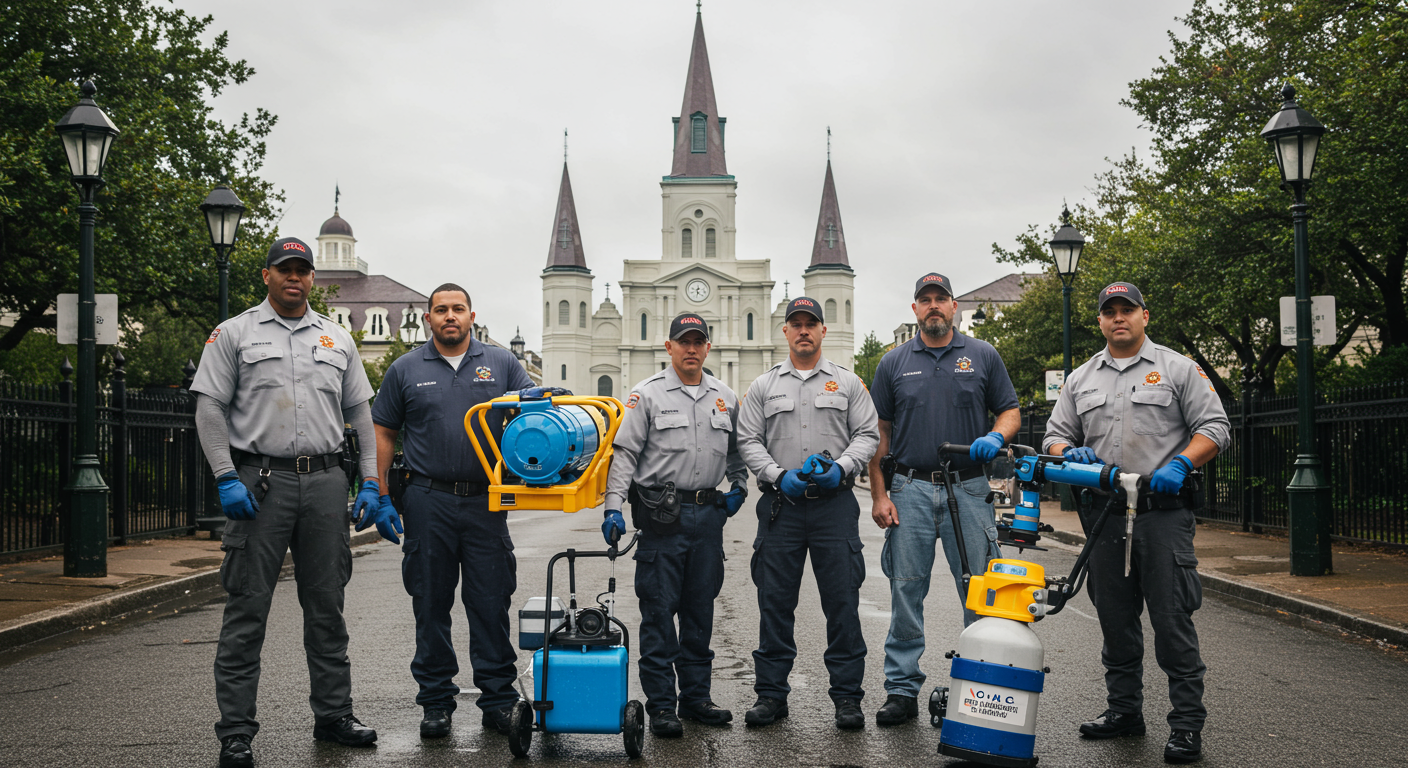 A team of water extraction professionals standing in front of a recognizable New Orleans landmark, such as the St. Louis Cathedral or a French Quarter street. They are holding equipment and wearing uniforms, symbolizing trust and local expertise.
