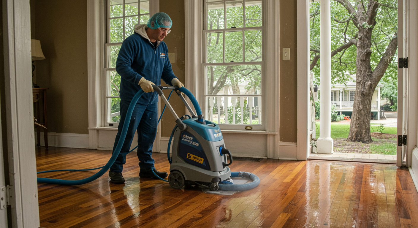 A professional water restoration technician using advanced drying equipment in a flood-damaged New Orleans home.