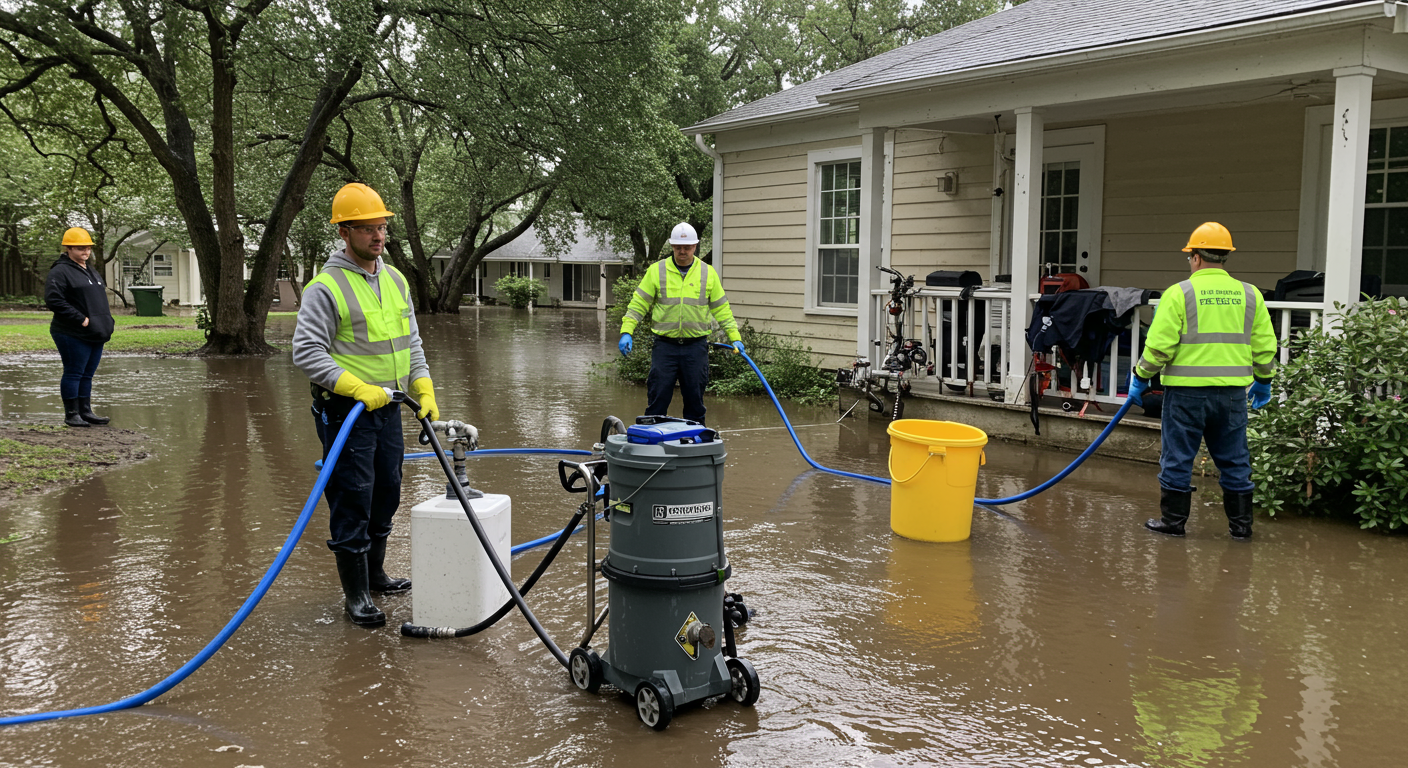 A professional water damage cleanup crew in action, using advanced equipment like water extractors and dehumidifiers in a flooded New Orleans home.