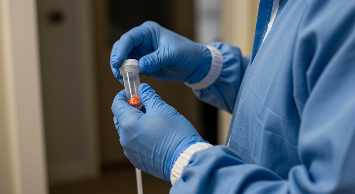 A close-up of a professional mold inspector taking air samples with specialized equipment in a home environment.