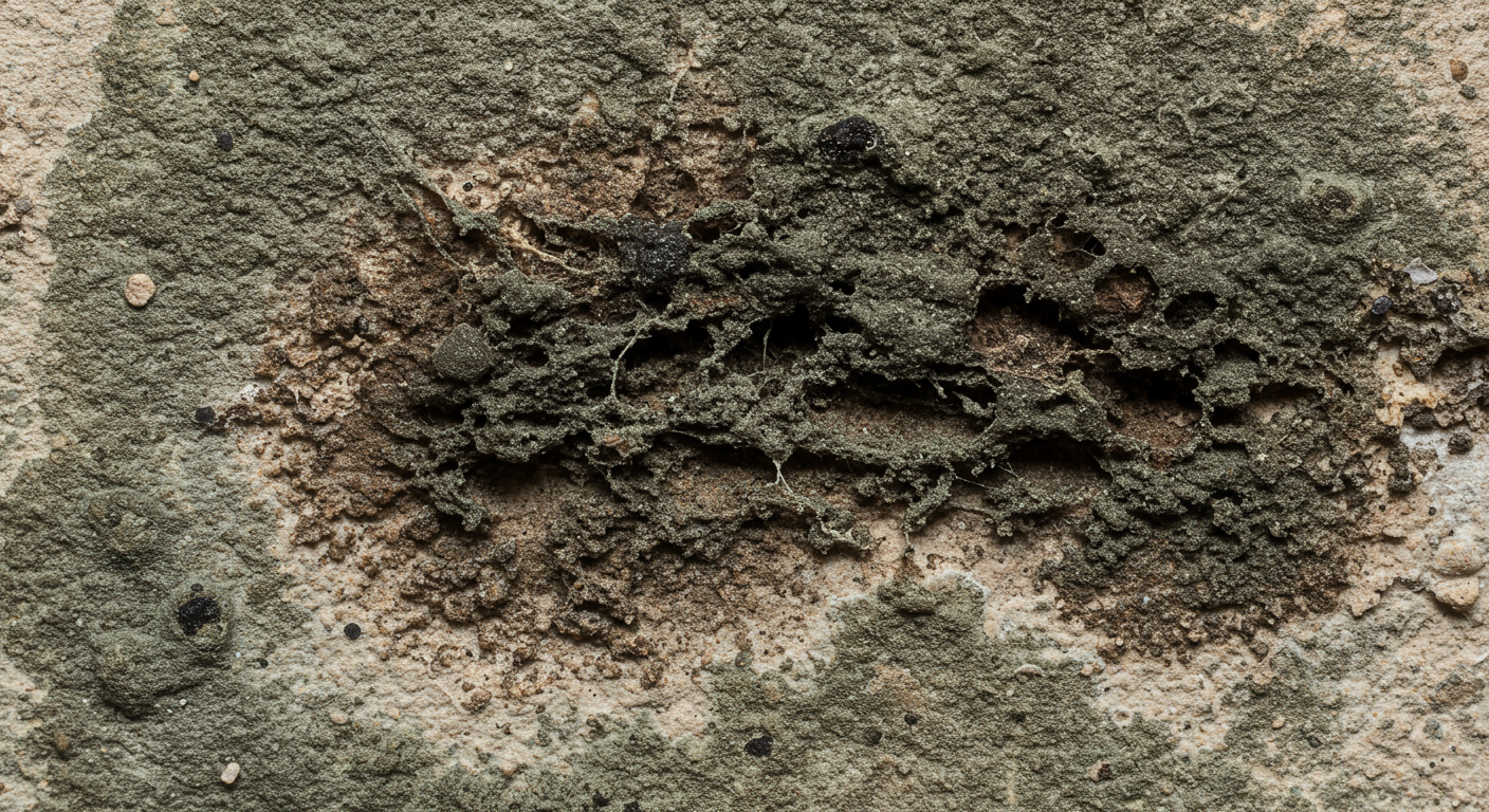 A close-up view of black mold growing on a damp wall in a home. The image captures the texture and color of the mold, highlighting its presence in a domestic environment.