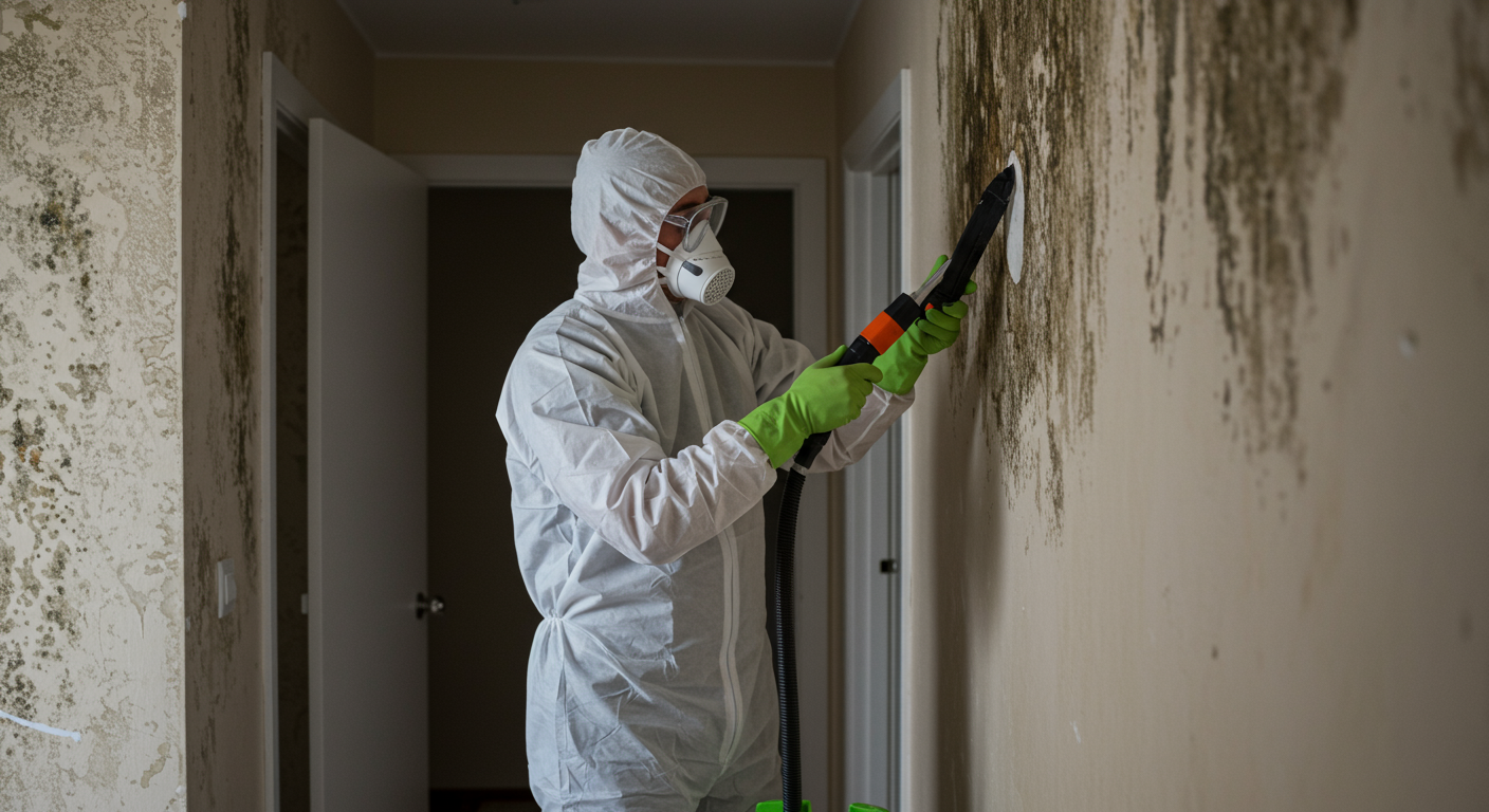 A professional restoration technician in protective gear actively removing mold from a wall, with tools and equipment visible.
