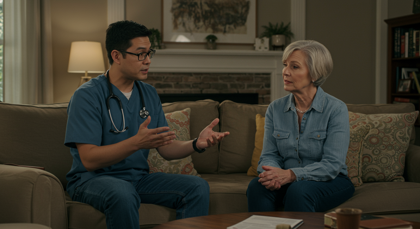 A health professional discussing mold-related health risks with a concerned homeowner in a cozy New Orleans living room.