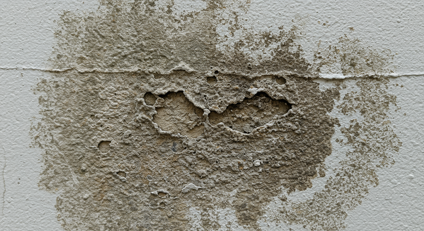 A close-up shot of a damp wall in a New Orleans home, showcasing visible mold growth. The image captures the texture and color variations of the mold against the wall's paint.