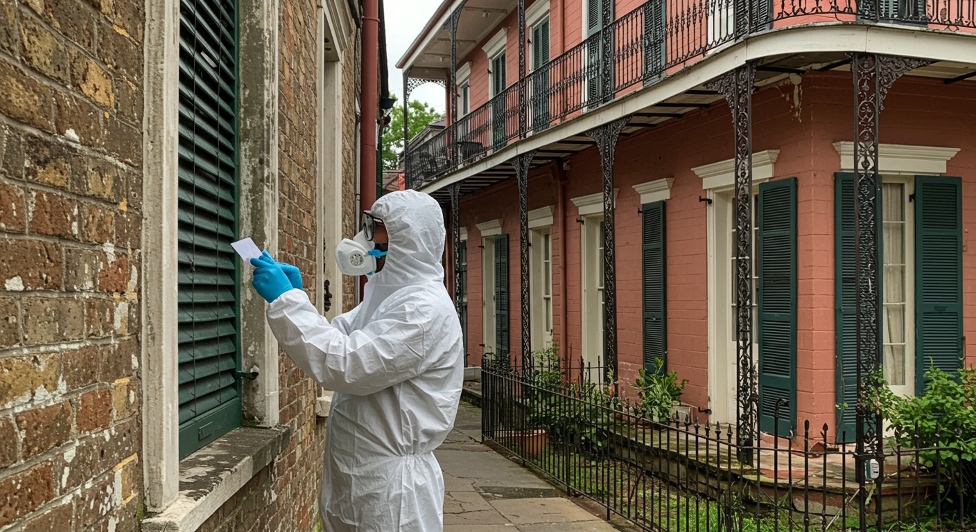 A professional mold remediation technician in protective gear inspecting a residential home in New Orleans, with visible mold on the walls. The background features classic New Orleans architecture, showcasing the local environment.
