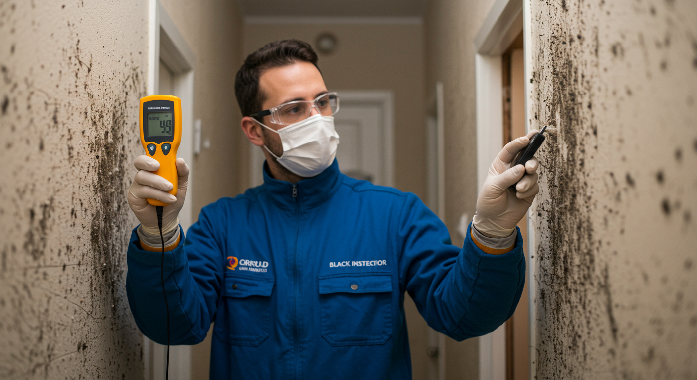 A professional mold inspector examining a wall with a moisture meter, highlighting areas affected by black mold. The inspector is wearing protective gear, emphasizing safety and expertise.