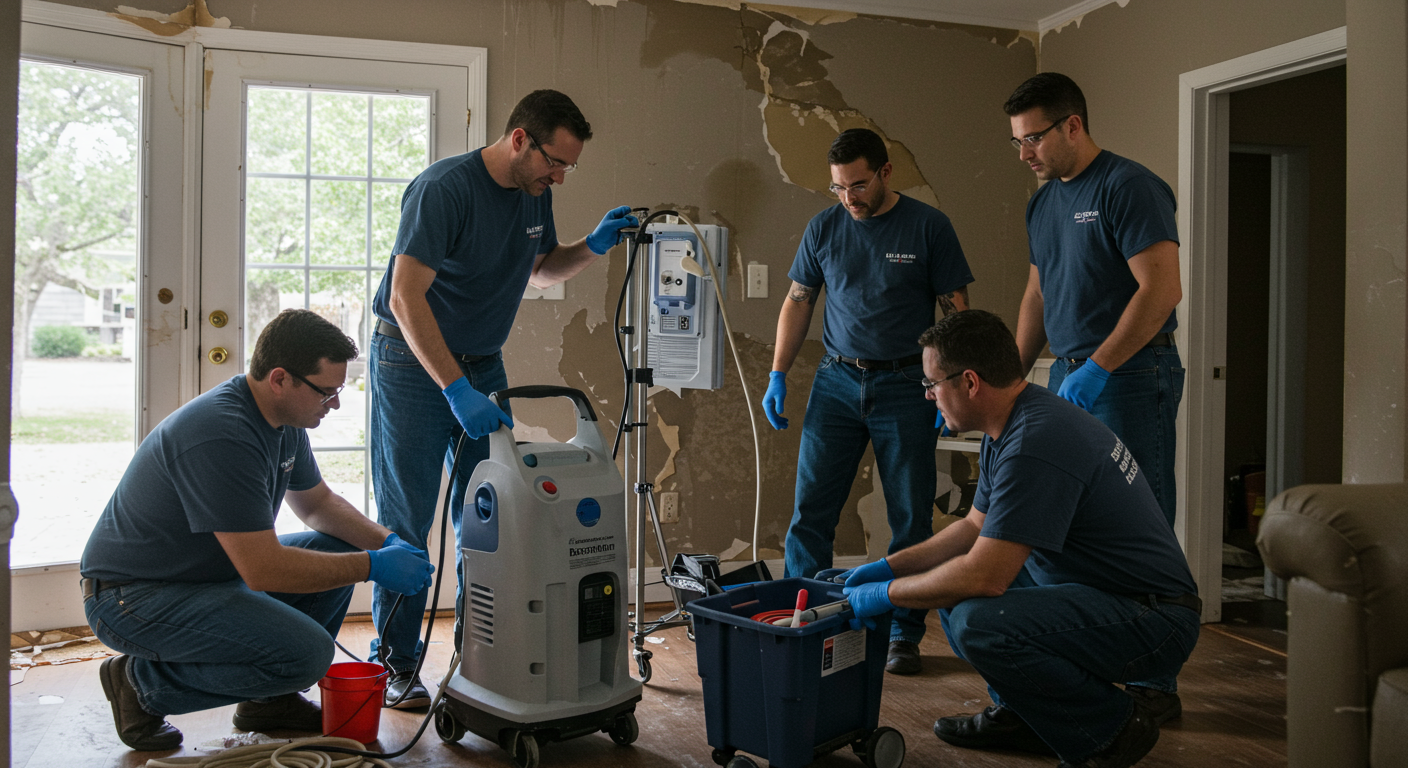 A restoration team working together to set up drying equipment in a home, with visible water damage in the background. The teamwork emphasizes collaboration and efficiency.