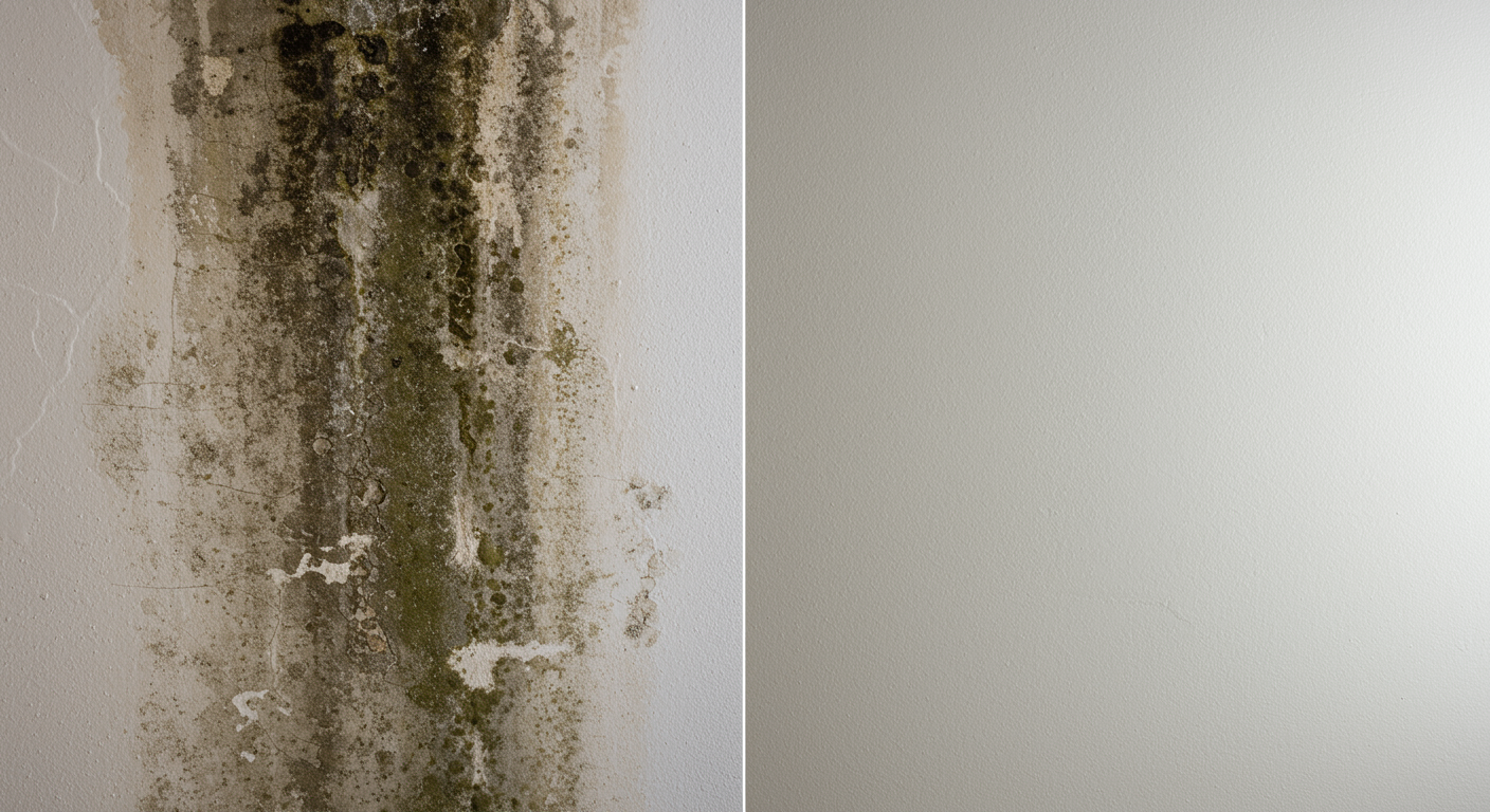 A split-screen image showing a mold-infested wall on one side and the same wall fully restored and clean on the other. The restored side is bright and fresh, emphasizing the transformation.