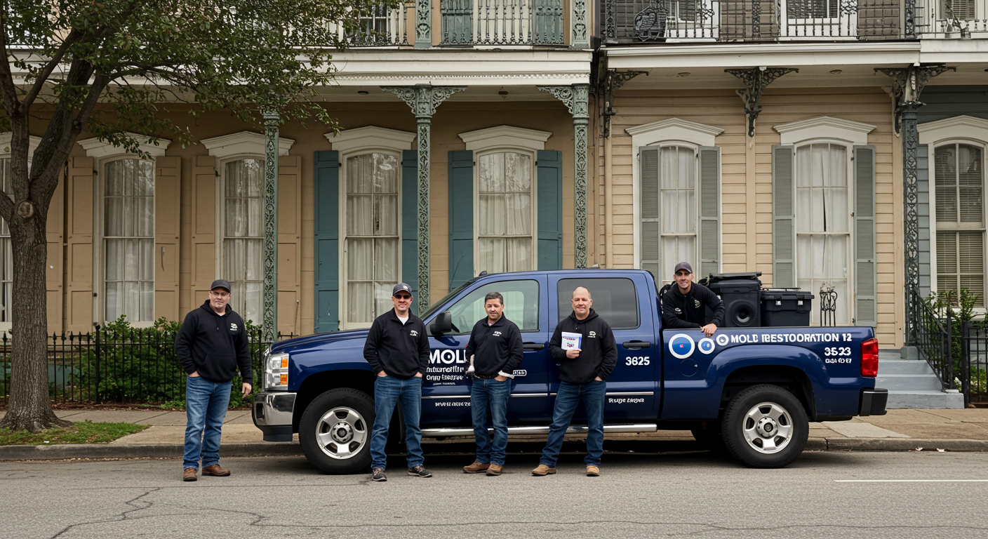 A team of mold restoration experts arriving at a New Orleans home in a branded truck. The setting includes a street with classic New Orleans architecture, such as shotgun houses or Creole cottages.