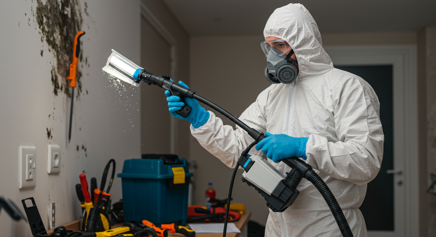 A professional mold remediation specialist wearing protective gear using advanced equipment to remove mold from a residential wall.