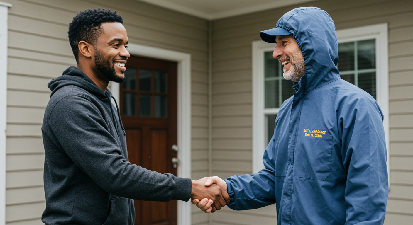 A happy homeowner shaking hands with a mold restoration professional in front of a clean, restored home. The image conveys satisfaction and trust.
