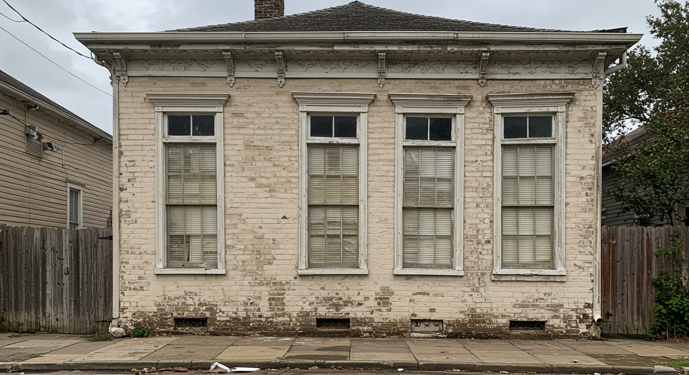 A typical New Orleans-style home exterior with visible signs of mold damage
