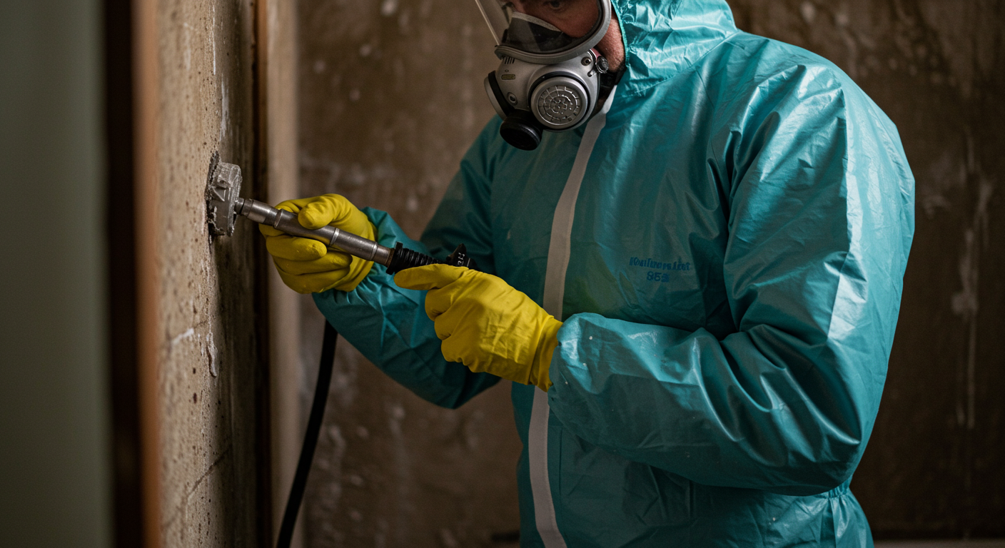 A close-up of a water restoration technician in protective gear conducting mold remediation in a damp area of a home. The focus is on the technician’s careful handling of equipment and safety measures.