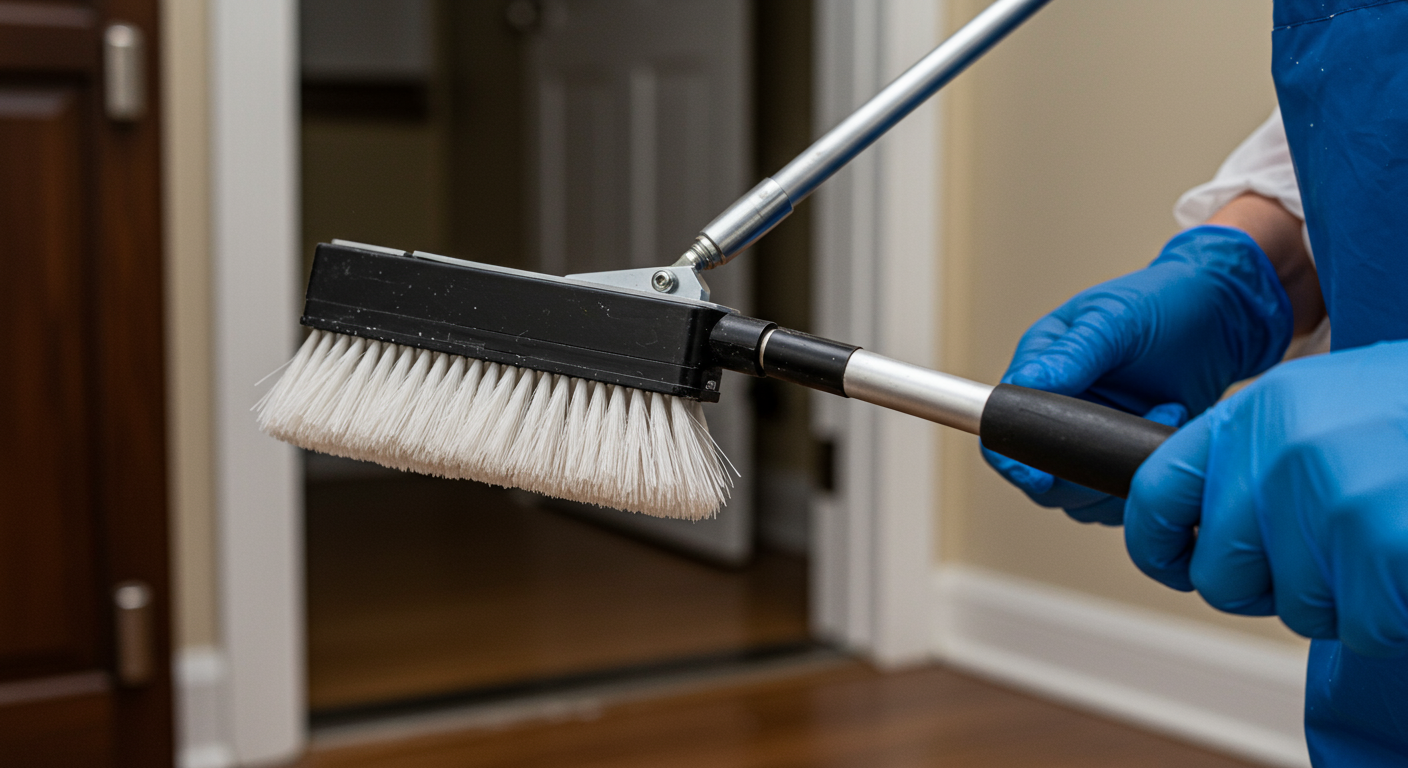 Close-up of specialized mold removal equipment being used in a residential setting. The focus is on the tools and the action of cleaning, highlighting the professional approach to mold remediation.