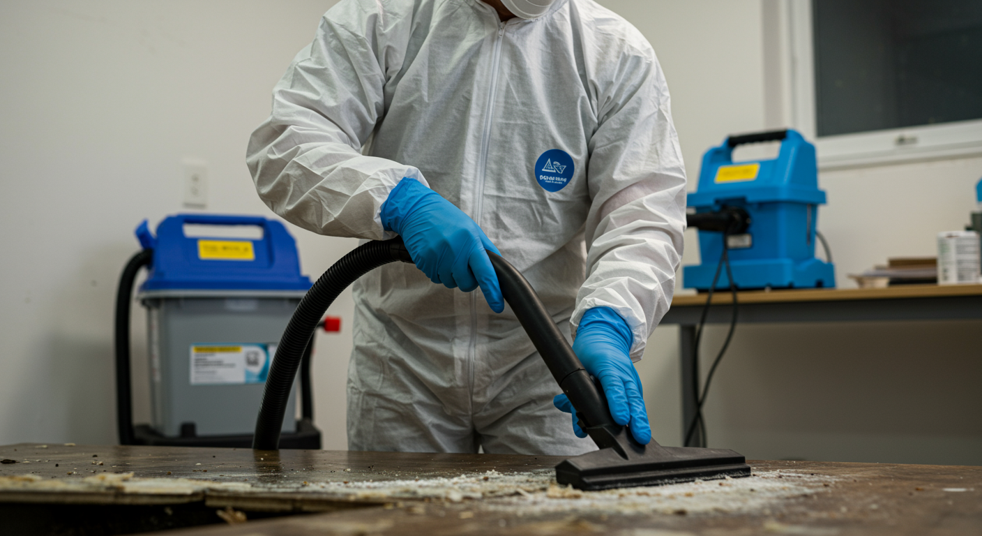 A technician in protective gear using a HEPA vacuum to remove mold from a surface. The background shows a clean, organized workspace with mold remediation equipment.