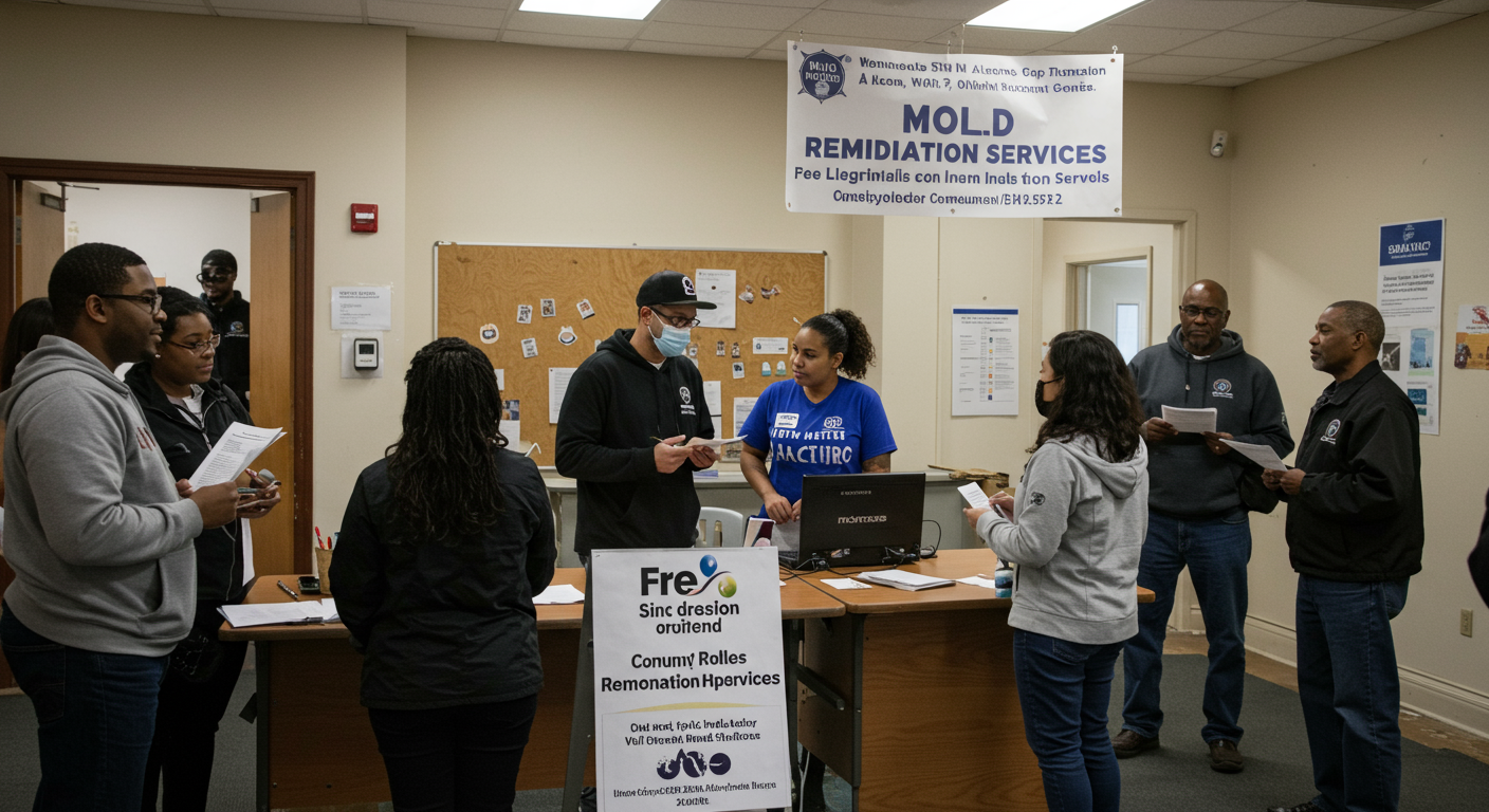 A community resource center in New Orleans, with a sign indicating free mold remediation services. People are seen engaging with staff, receiving information, and discussing mold prevention tips. The setting is vibrant and welcoming.