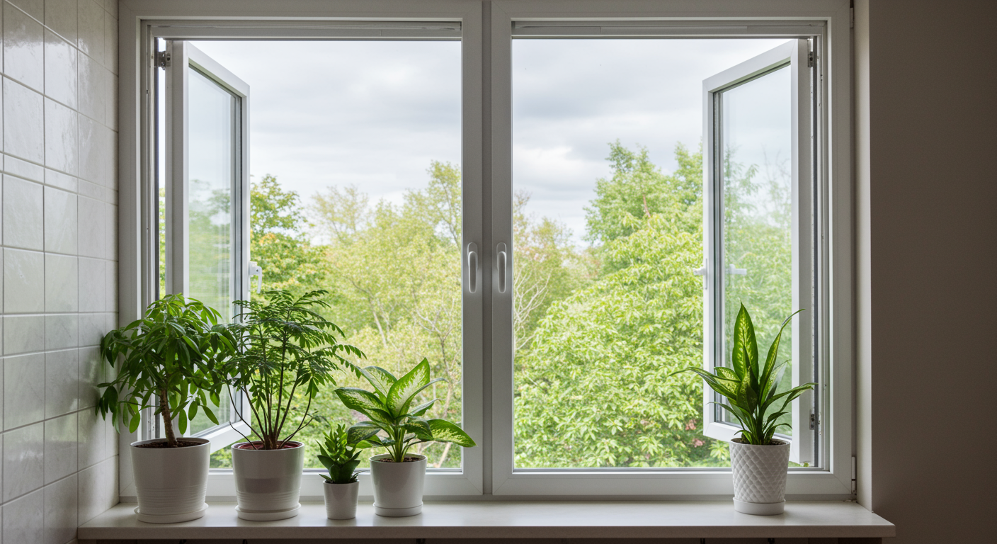 A well-ventilated room with open windows and plants, symbolizing fresh air and moisture control.