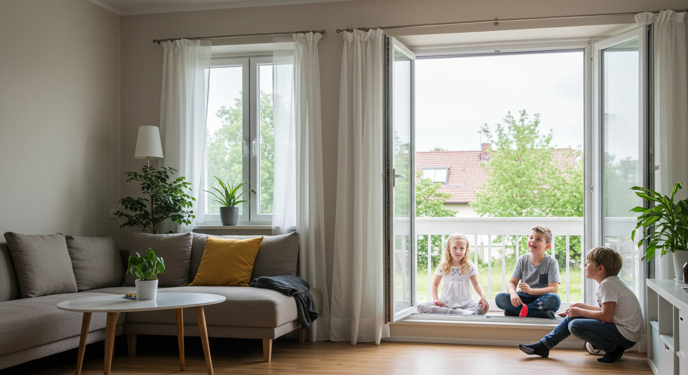 A bright and airy living space post-mold inspection and remediation, featuring open windows, plants, and a family enjoying the clean air.