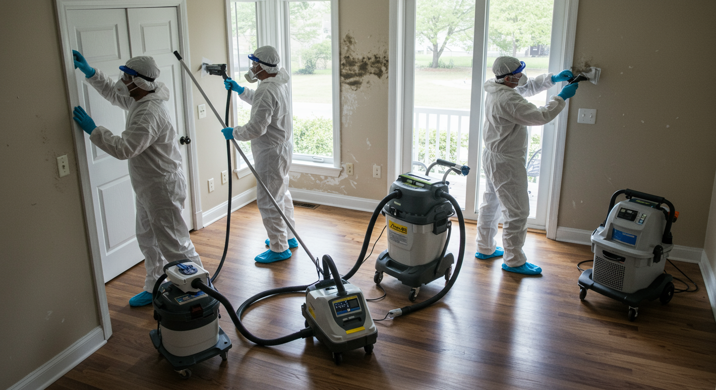 A team of mold remediation specialists working together in a home, using professional equipment to remove mold.