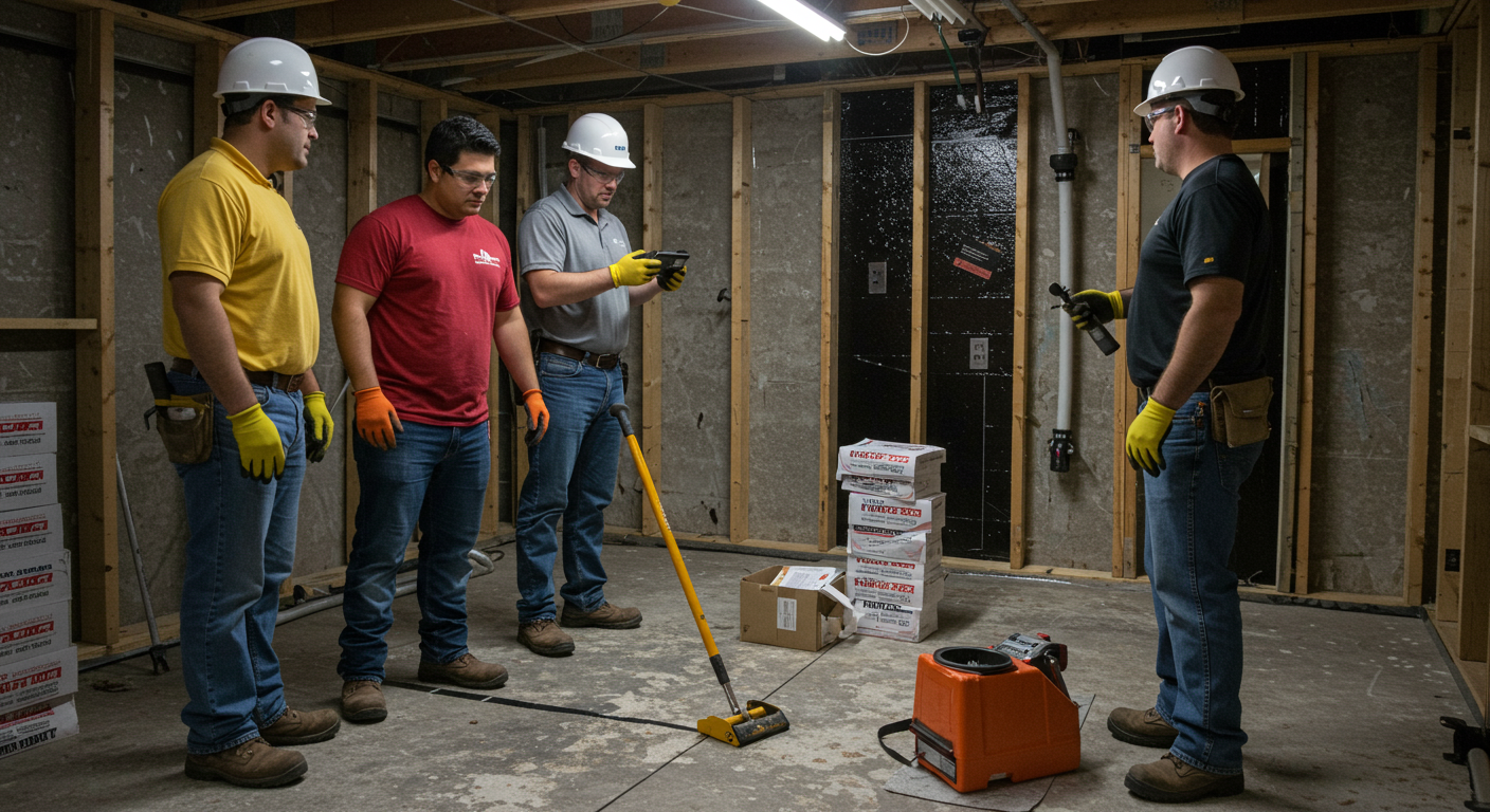 A team of professionals collaborating on a crawl space encapsulation project. The image captures teamwork, tools, and the encapsulation materials being used, emphasizing expertise and reliability.
