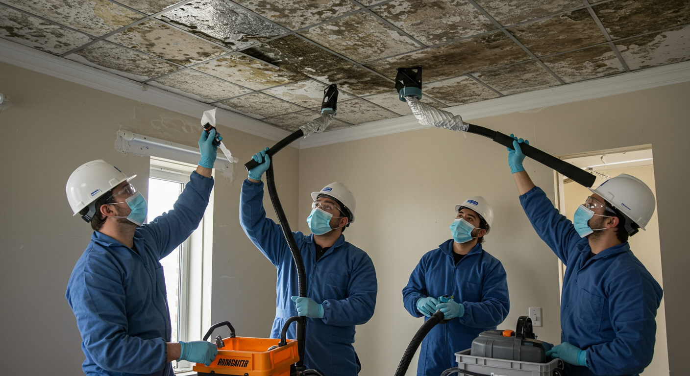 A team of mould remediation professionals working together to remove mould from a ceiling. They are using specialized equipment like air scrubbers and dehumidifiers, showcasing the technical aspect of the remediation process.