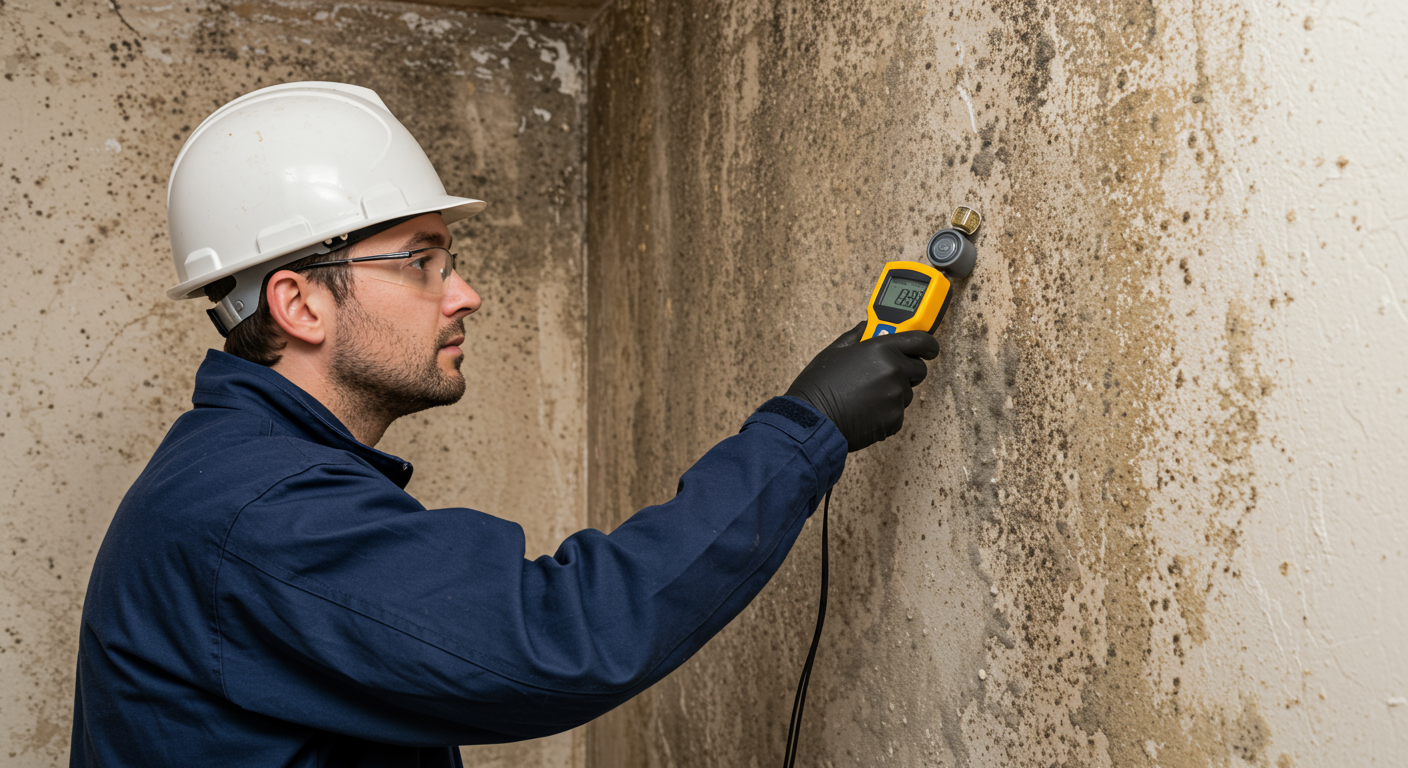 A professional inspector examining a damp wall with a moisture meter, highlighting areas affected by mildew. The inspector is wearing protective gear, and there are visible signs of mildew on the wall.