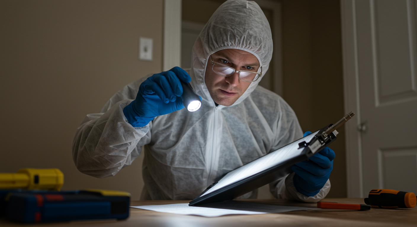 A professional conducting a mold inspection in a home, using a flashlight and tools to assess the situation. The focus is on the inspector's careful examination, conveying professionalism and thoroughness.