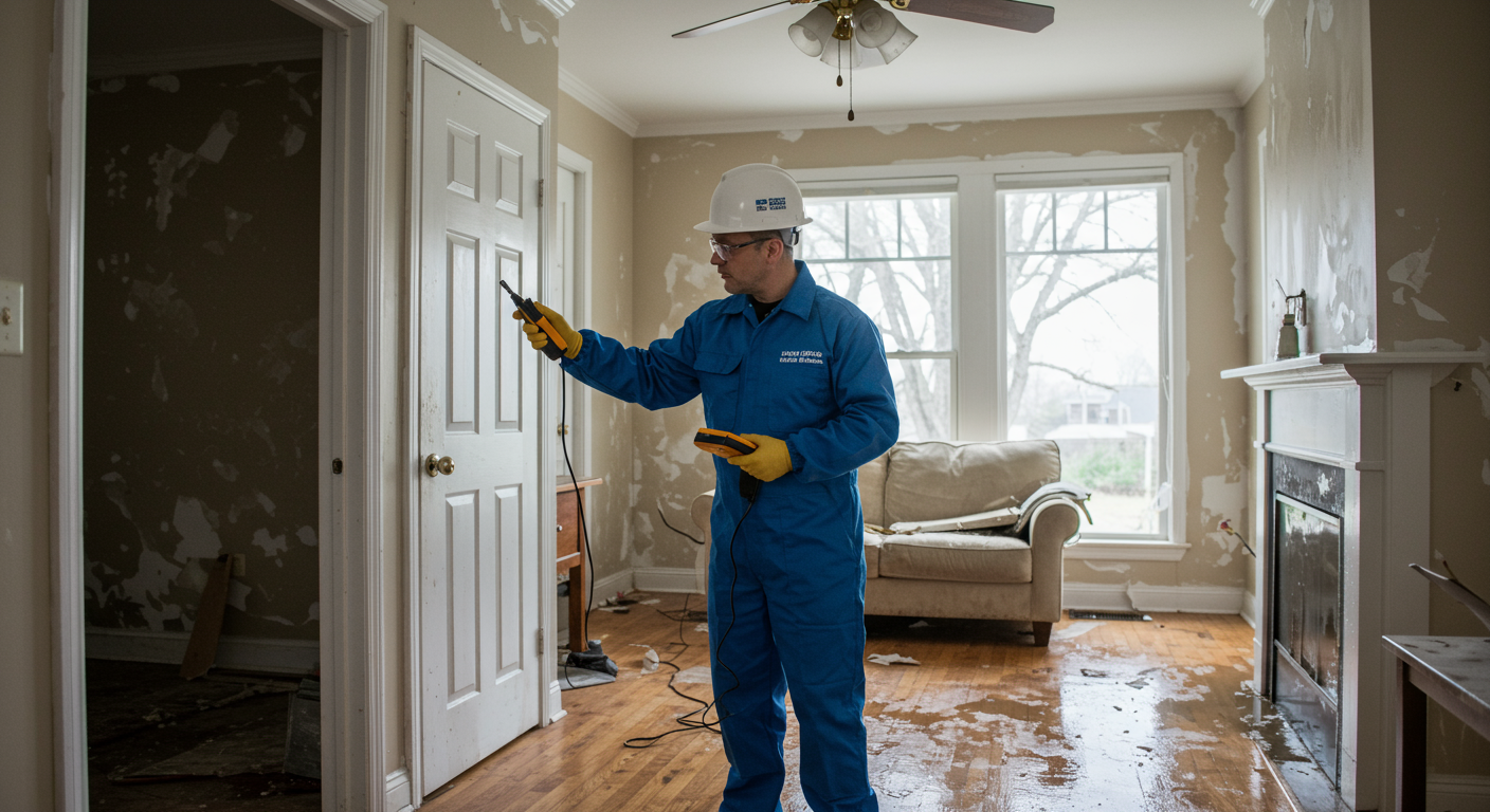 A restoration professional inspecting a home with visible water damage on walls and floors, using tools like moisture meters. The background shows a partially flooded living room with furniture affected by water.